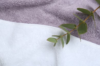 Photo of Eucalyptus branch on terry towels, top view. Space for text
