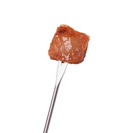 Photo of Fondue fork with piece of fried meat isolated on white