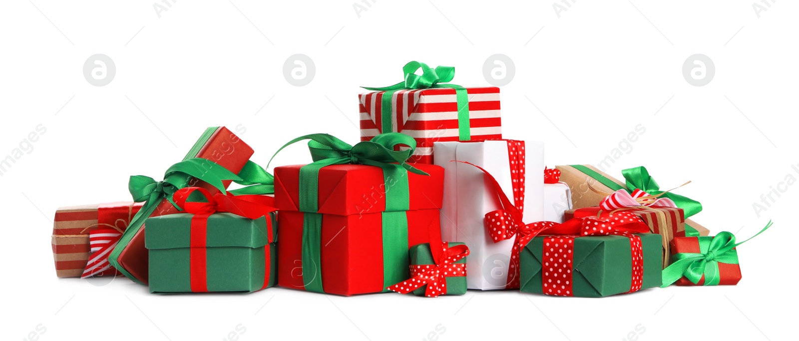 Photo of Many different Christmas gifts on white background