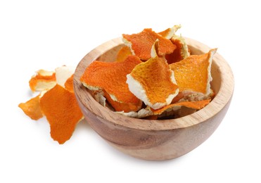 Photo of Dry orange peels in wooden bowl on white background