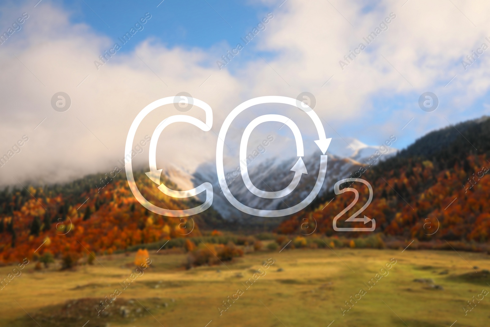 Image of Concept of clear air. CO2 inscription and beautiful mountain landscape