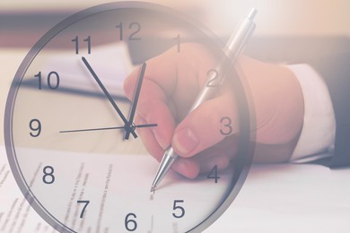 Man and clock, double exposure. Time concept