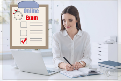 Student using laptop at table indoors. Online exam