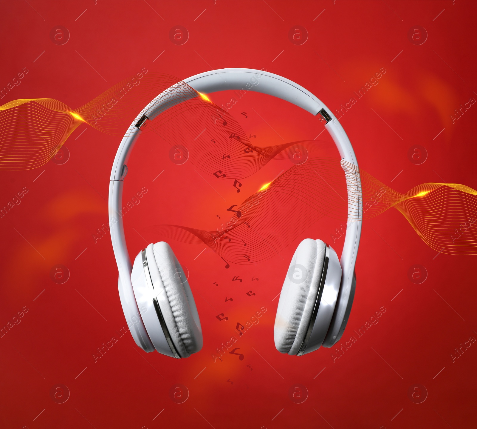 Image of Modern headphones and illustration of dynamic sound waves on red background