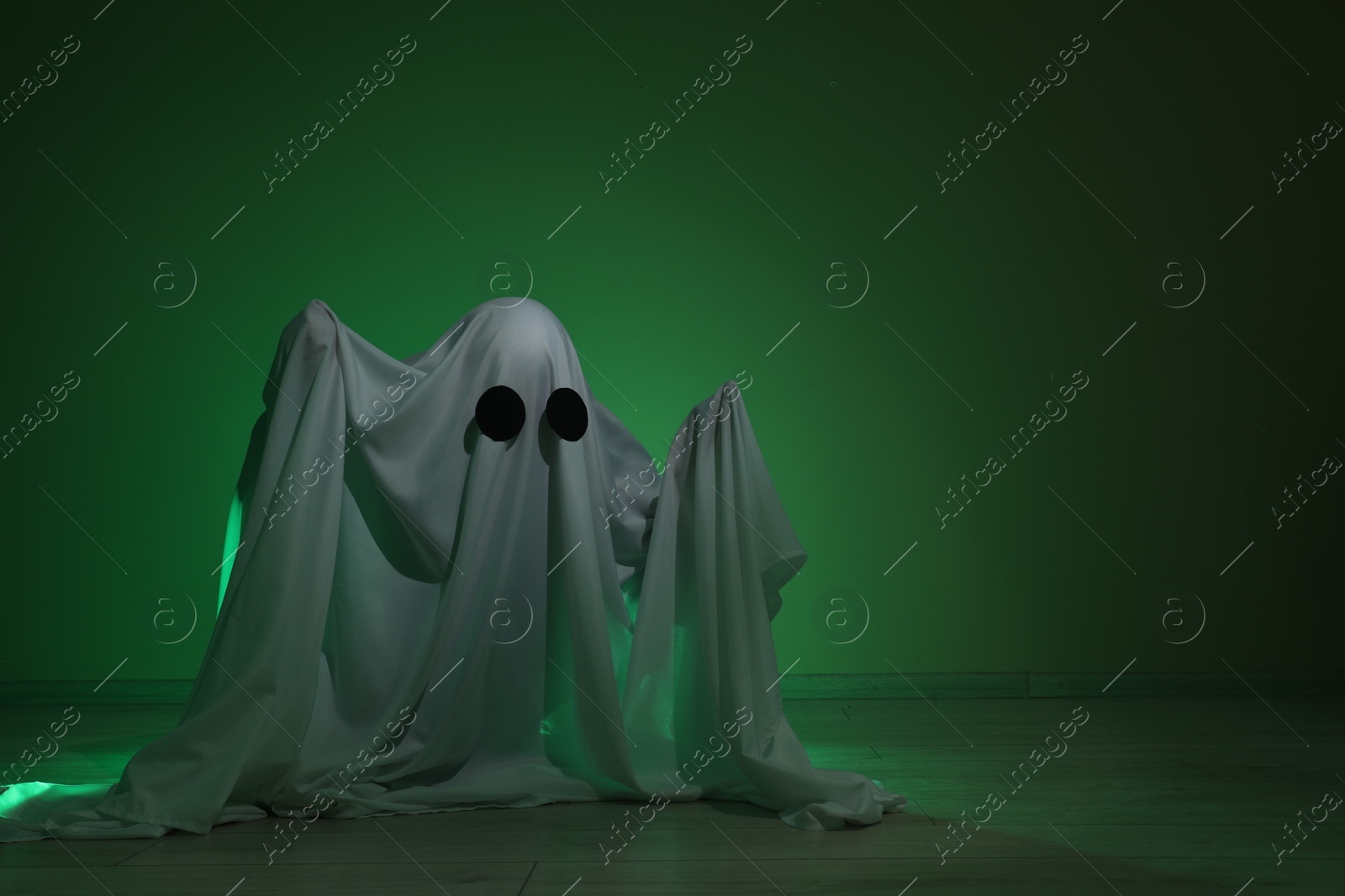 Photo of Creepy ghost. Woman covered with sheet in green light, space for text