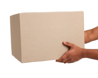 Photo of Courier with parcel on white background, closeup