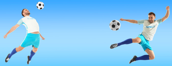 Image of Young man playing football on light blue background, space for text. Banner design