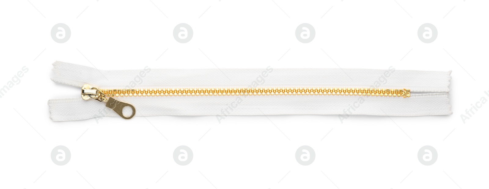 Photo of Golden zipper isolated on white, top view