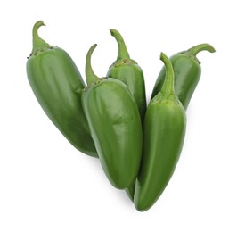 Photo of Green hot chili peppers isolated on white, top view
