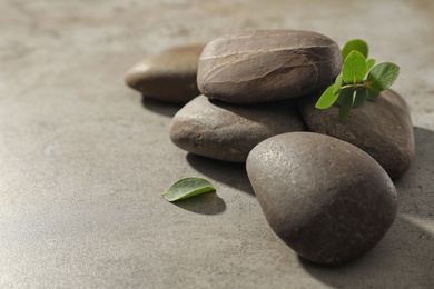 Spa stones with eucalyptus on color background. Space for text