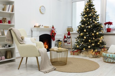 Living room interior with beautiful Christmas tree and festive decor