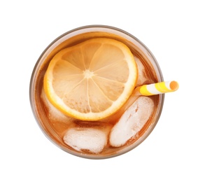 Glass of lemonade with ice cubes on white background, top view