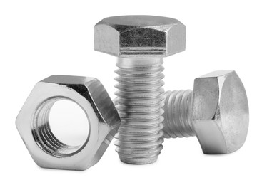 Photo of Metal hex bolts with nut on white background