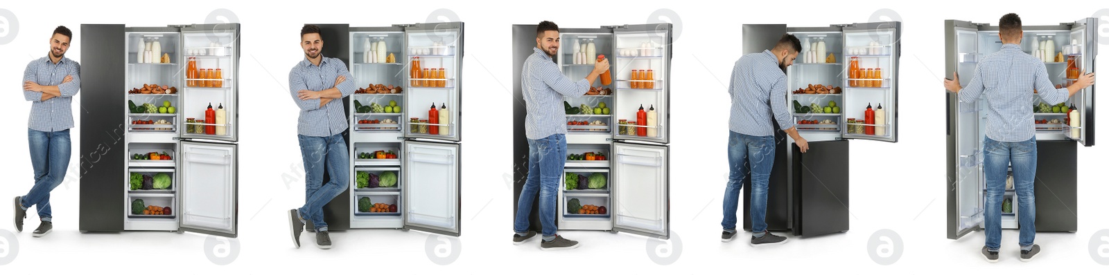 Image of Collage of man near open refrigerators on white background