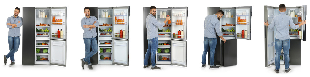 Collage of man near open refrigerators on white background