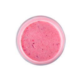 Photo of Glass with delicious detox smoothie on white background, top view