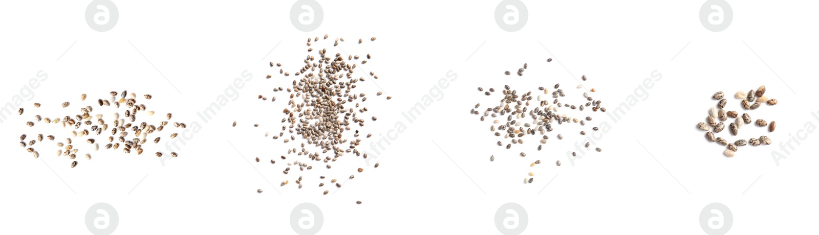 Image of Set of chia seeds on white background, top view. Banner design 