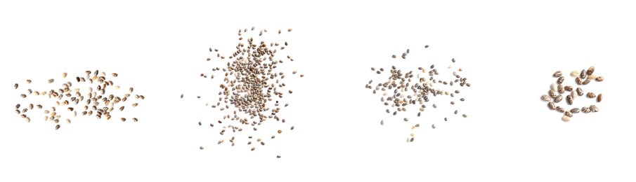 Set of chia seeds on white background, top view. Banner design 