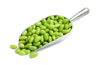 Metal scoop with fresh edamame soybeans on white background