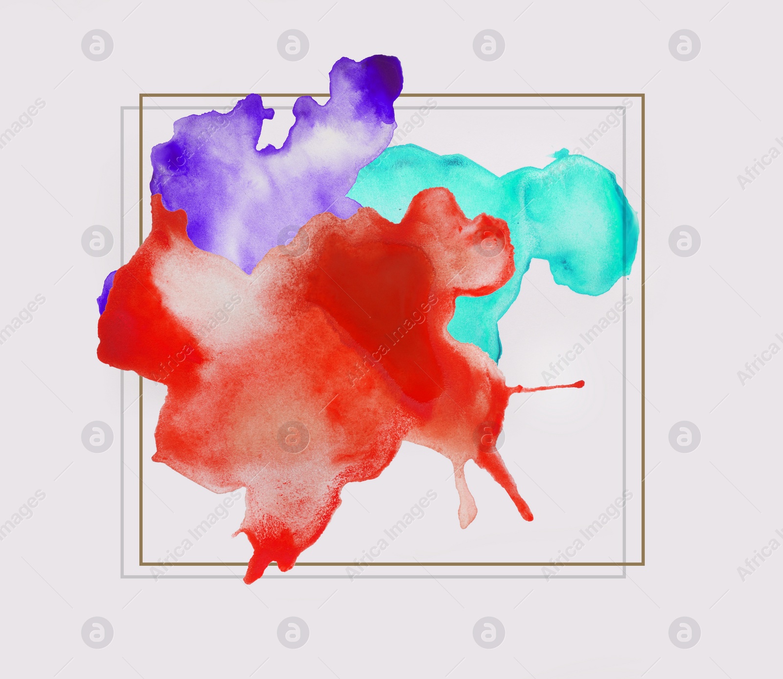 Image of Blots of different watercolor paints and frame on grey background