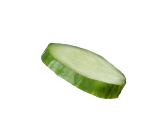 Photo of Slice of ripe cucumber on white background