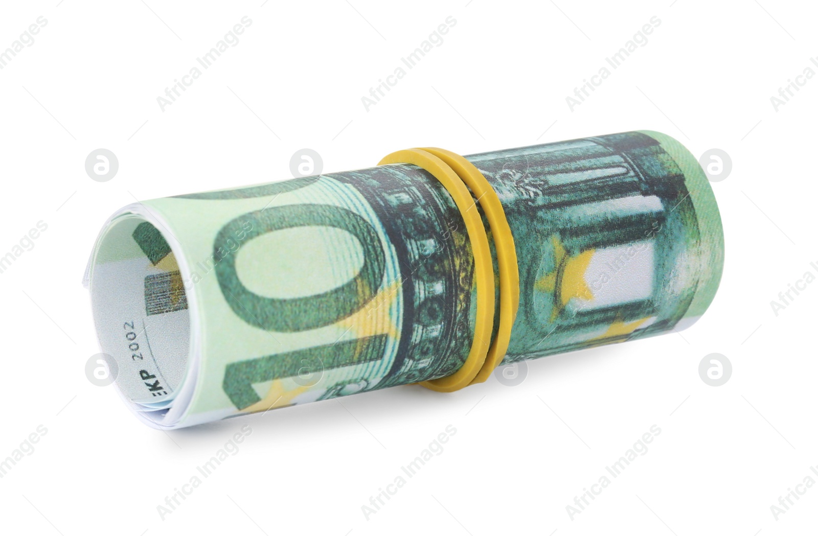 Photo of Roll of euro banknotes isolated on white. Money and finance
