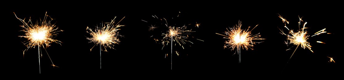 Image of Collage with bright burning sparklers on black background, banner design