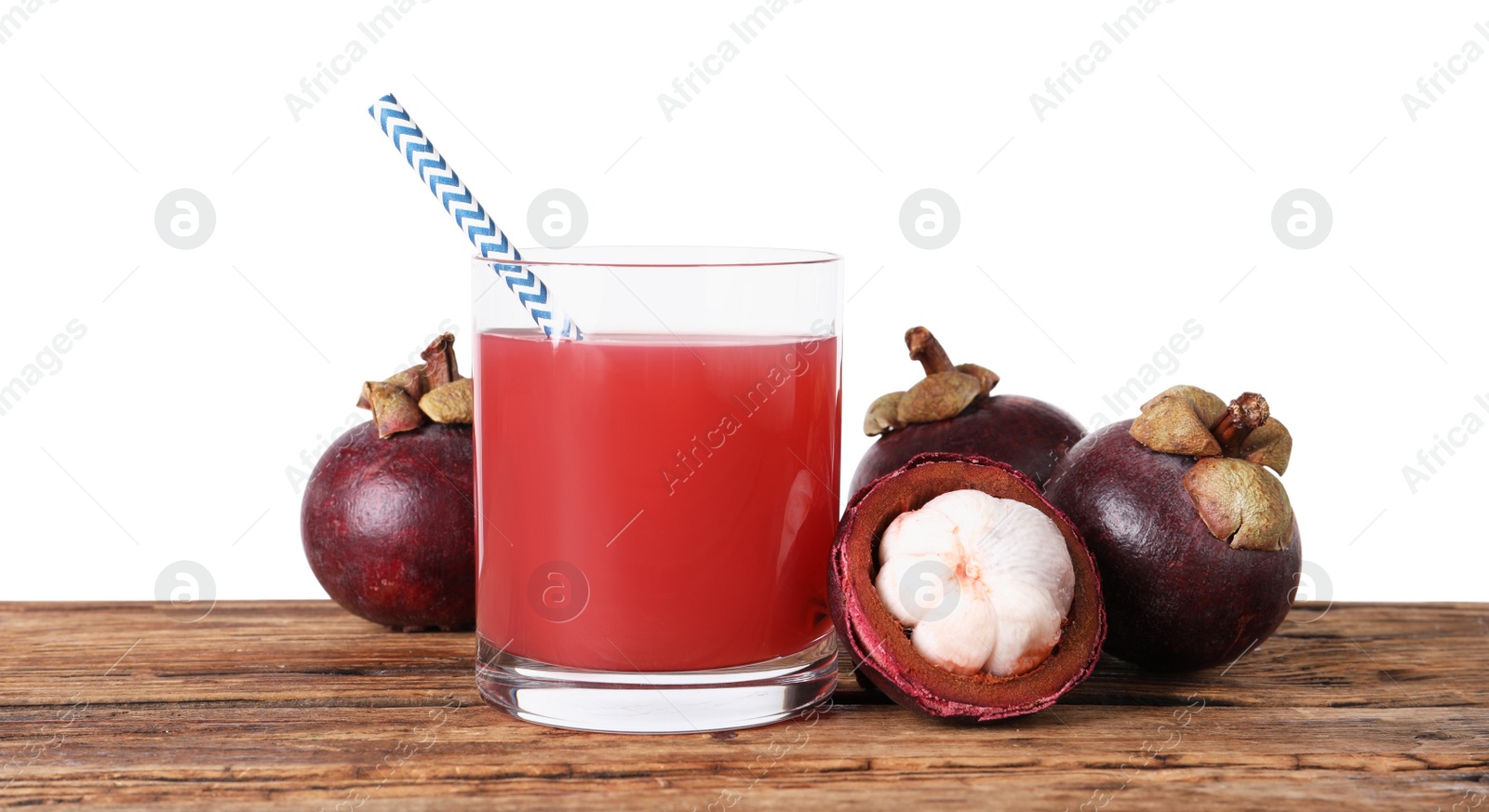 Photo of Delicious mangosteen juice and fresh fruits on wooden table against white background