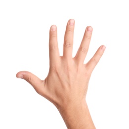 Man showing hand on white background, closeup