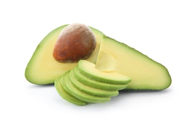 Photo of Slices of ripe avocado on white background