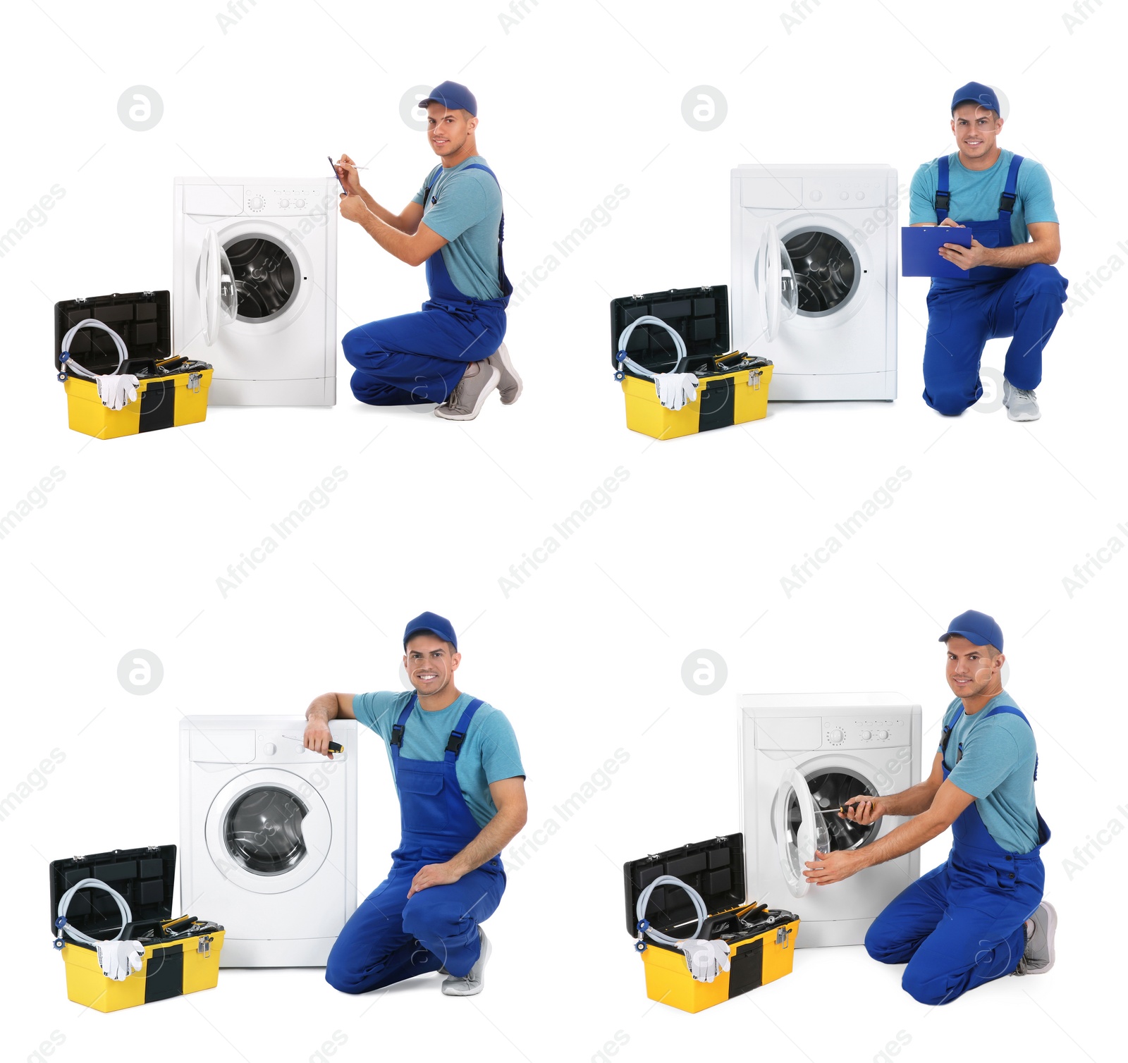 Image of Collage with photos of plumber on white background