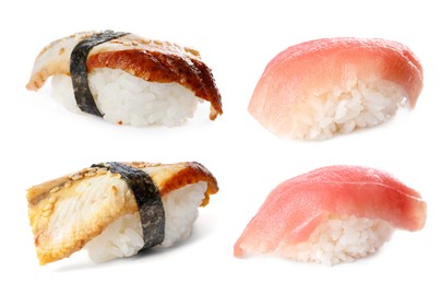 Set of nigiri sushi with tuna and smoked eel on white background