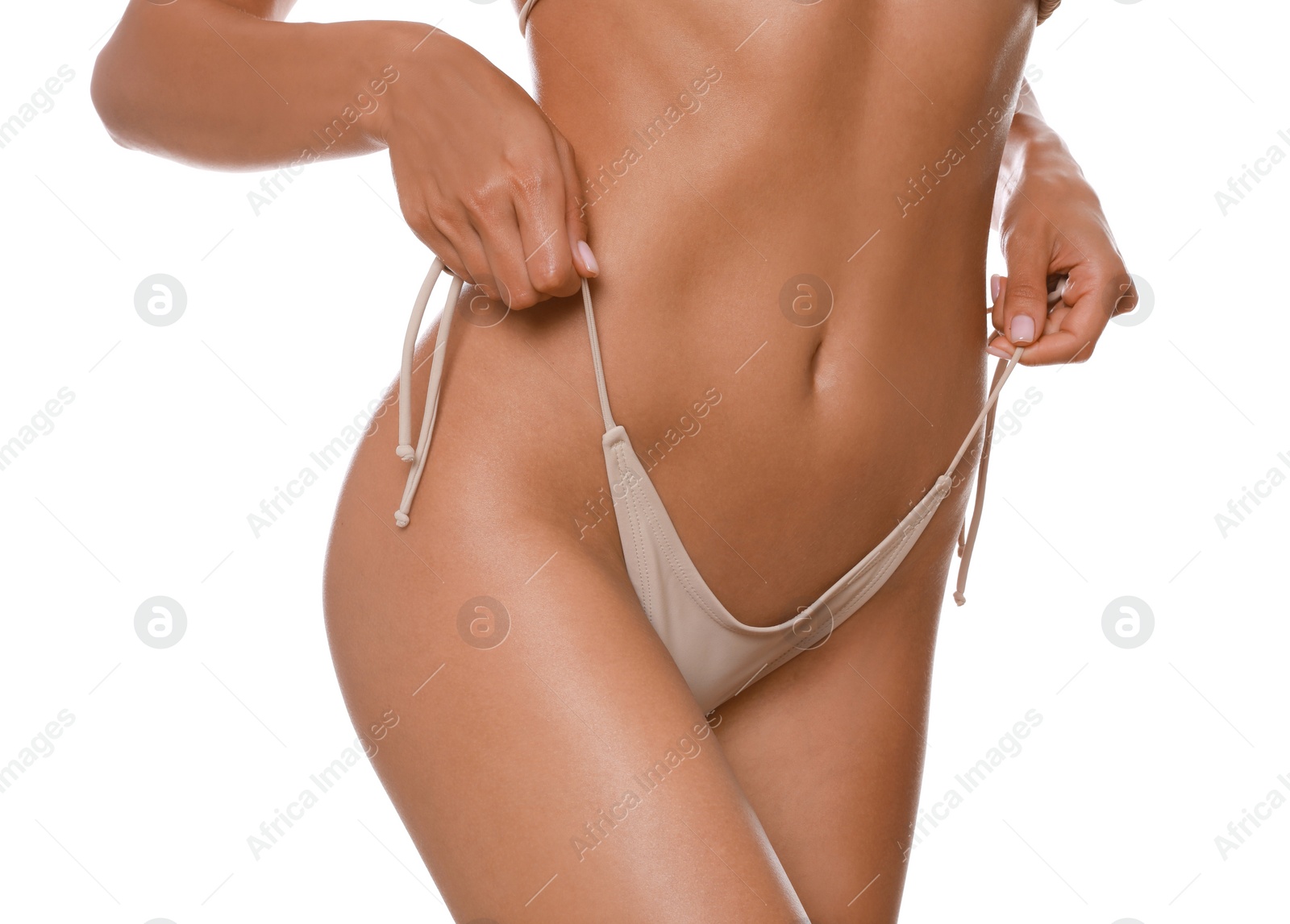 Photo of Woman in stylish bikini on white background, closeup