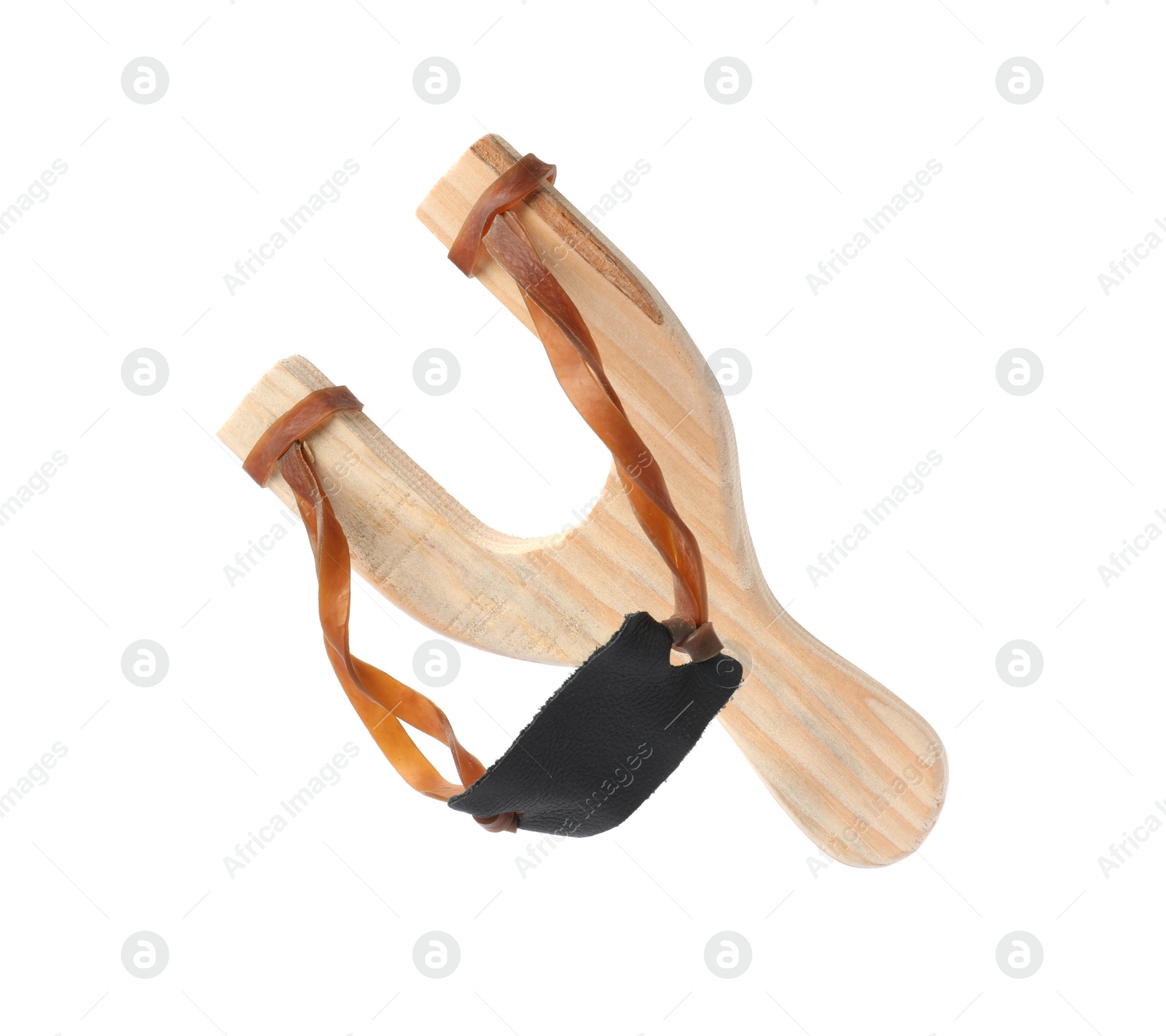 Photo of One wooden slingshot with leather pouch isolated on white