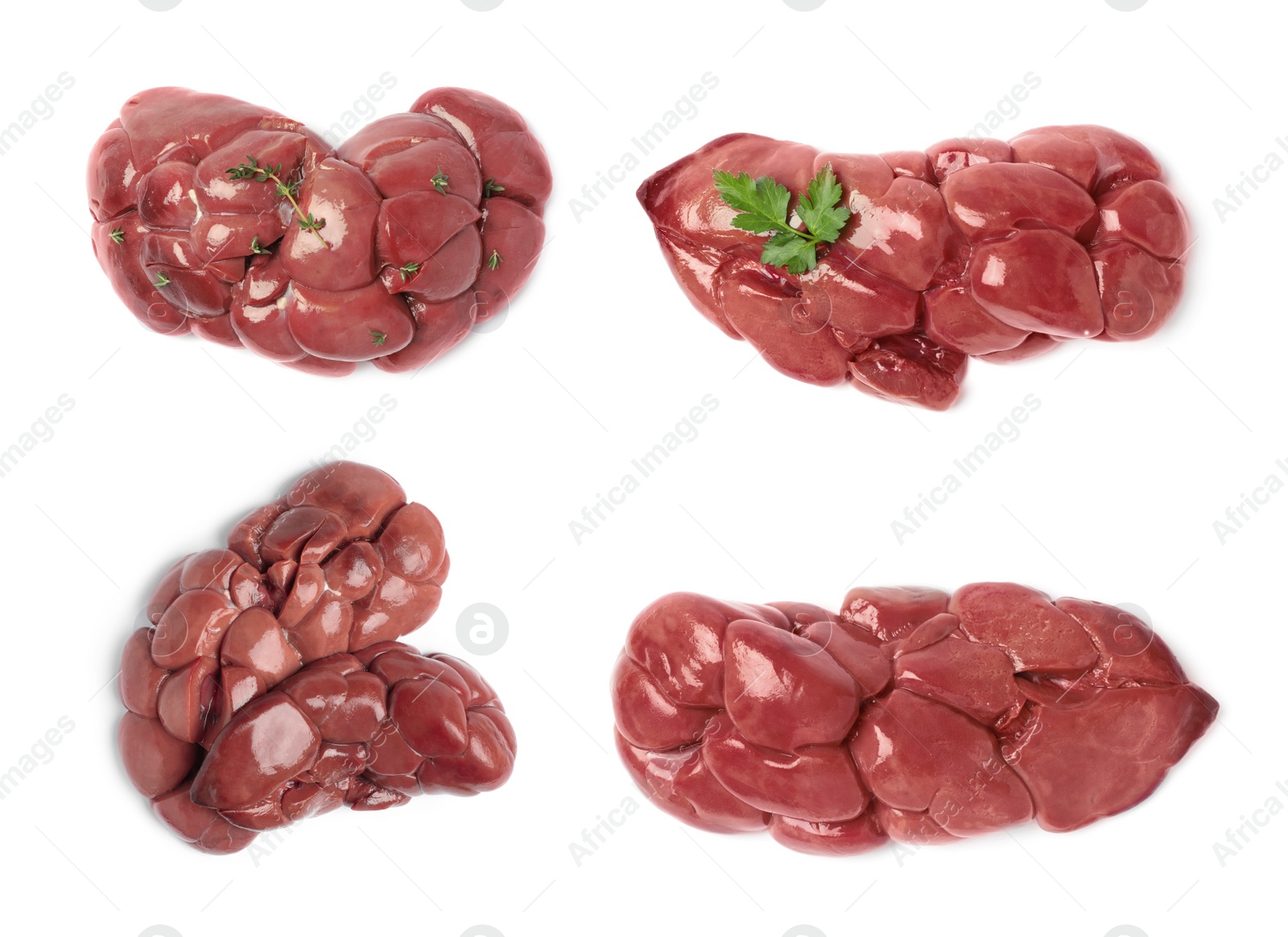 Image of Set with fresh raw kidneys on white background, top view