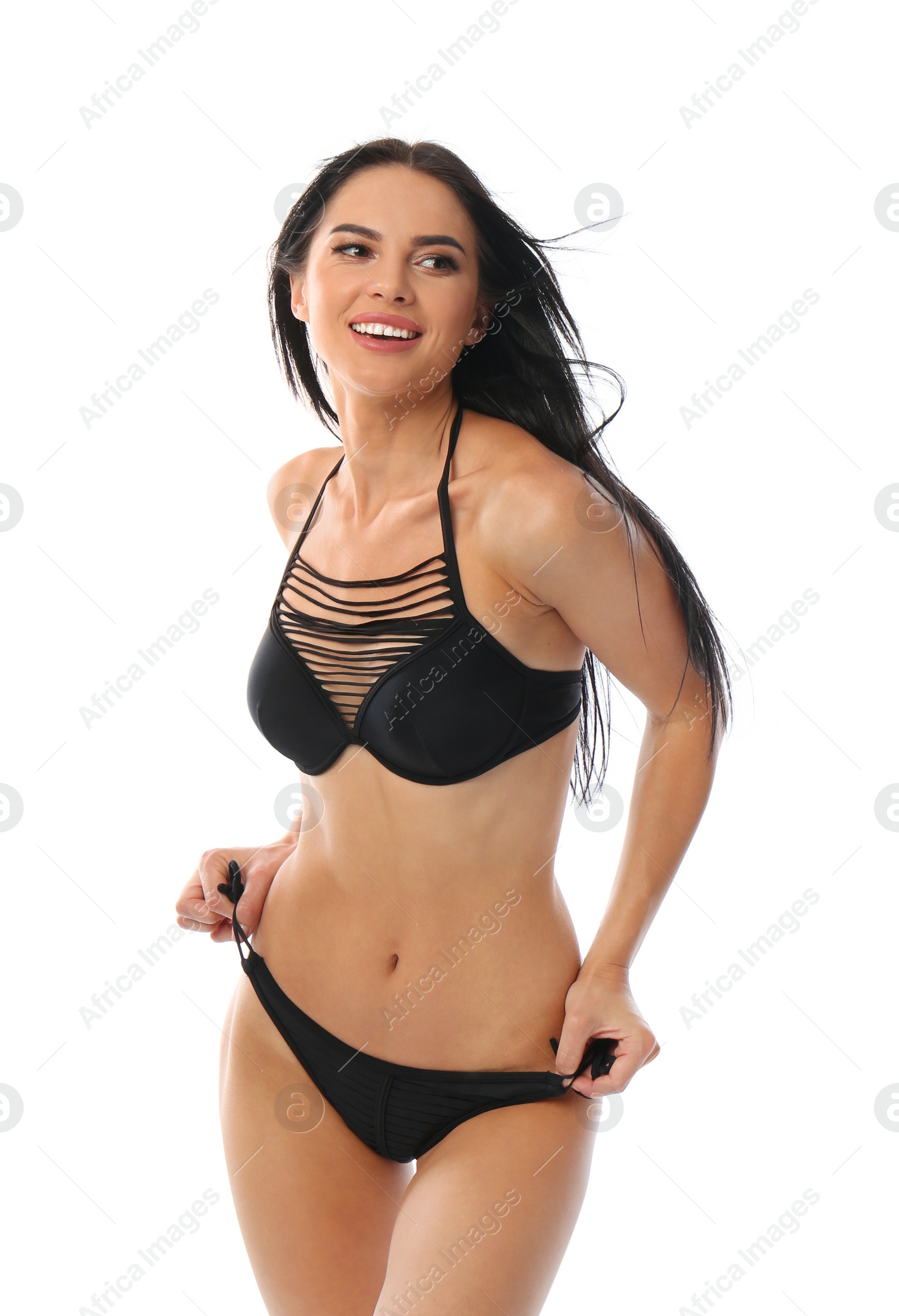 Photo of Beautiful young woman in black bikini on white background