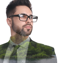 Image of Picturesque landscape and handsome businessman on white background. Double exposure