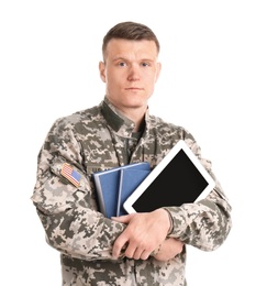 Photo of Male soldier with books and tablet computer on white background. Military service