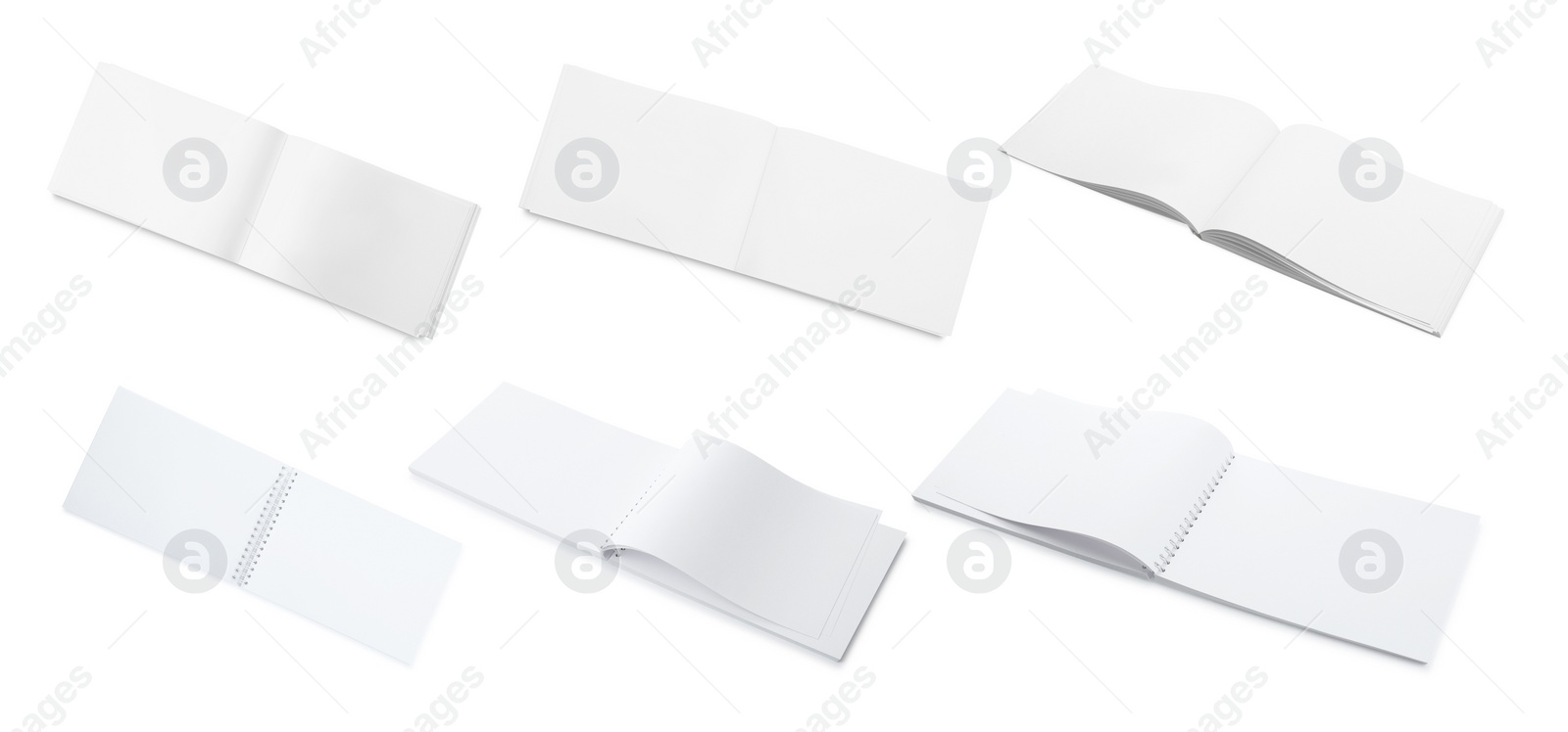 Image of Set with blank paper brochures on white background. Mockup for design