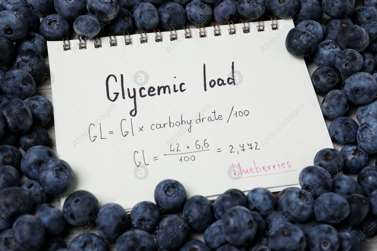 Photo of Notebook with calculated glycemic load for blueberries surrounded by fresh berries, closeup