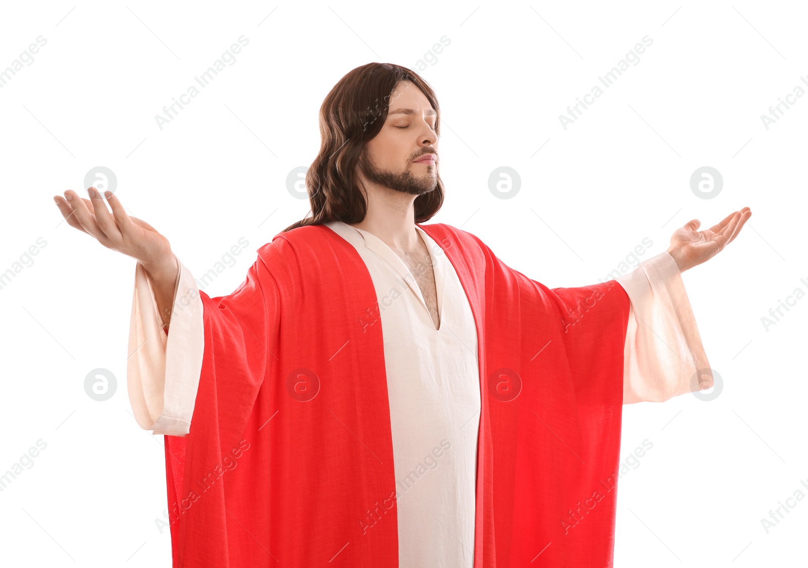 Photo of Jesus Christ with outstretched arms on white background