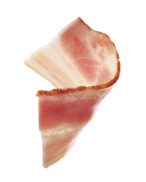 Photo of Cut fresh tasty bacon on white background