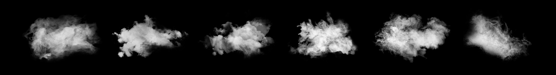 Image of Set with different clouds of white smoke on black background