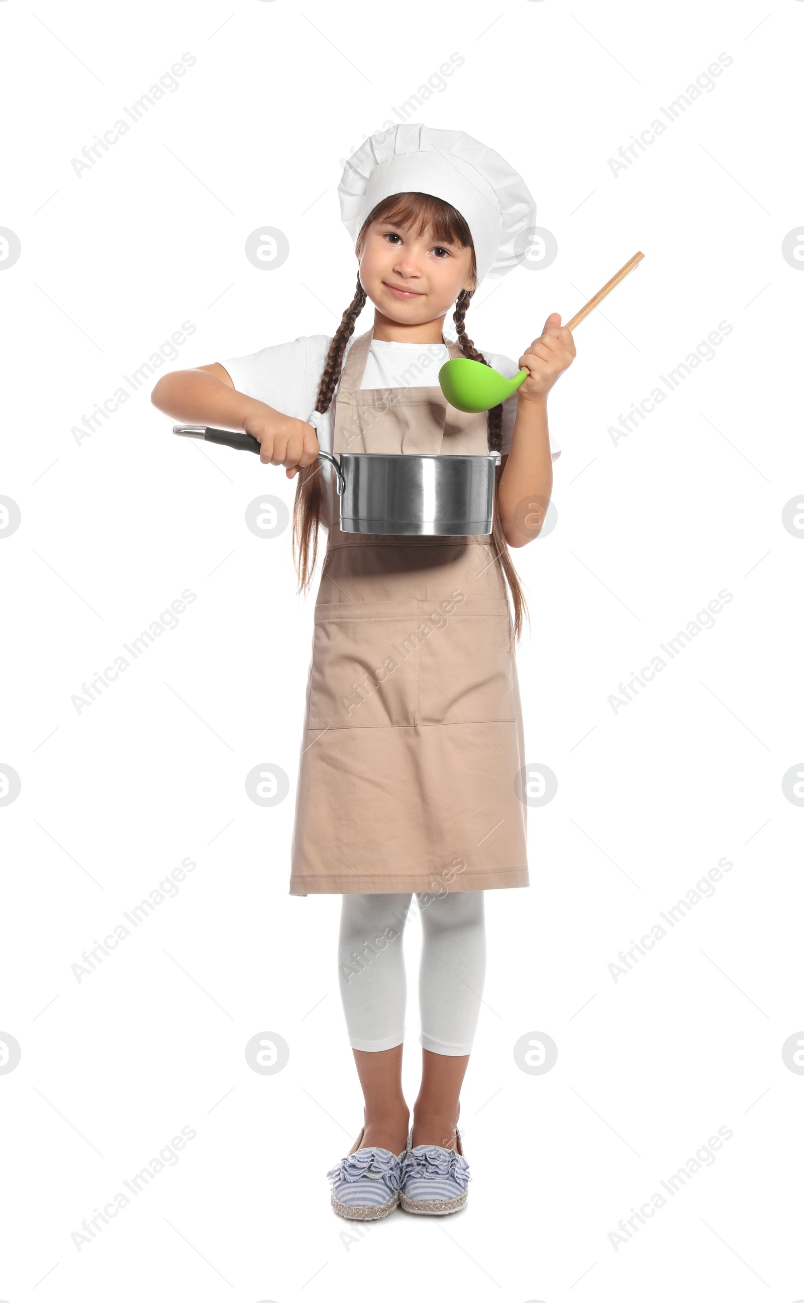 Photo of Full length portrait of little girl in chef hat with ladle and saucepan on white background