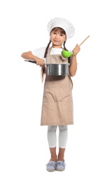 Photo of Full length portrait of little girl in chef hat with ladle and saucepan on white background
