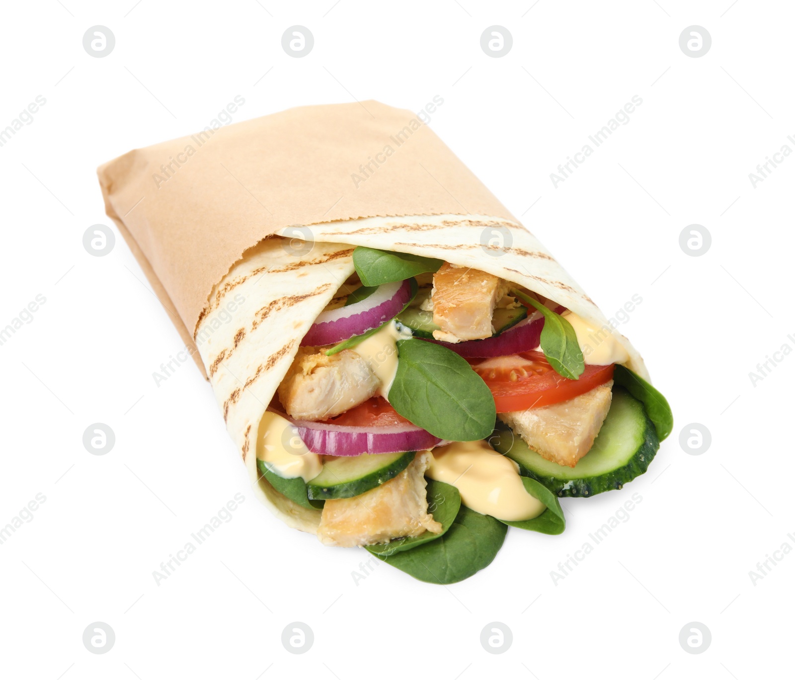 Photo of Delicious shawarma with chicken meat and fresh vegetables isolated on white