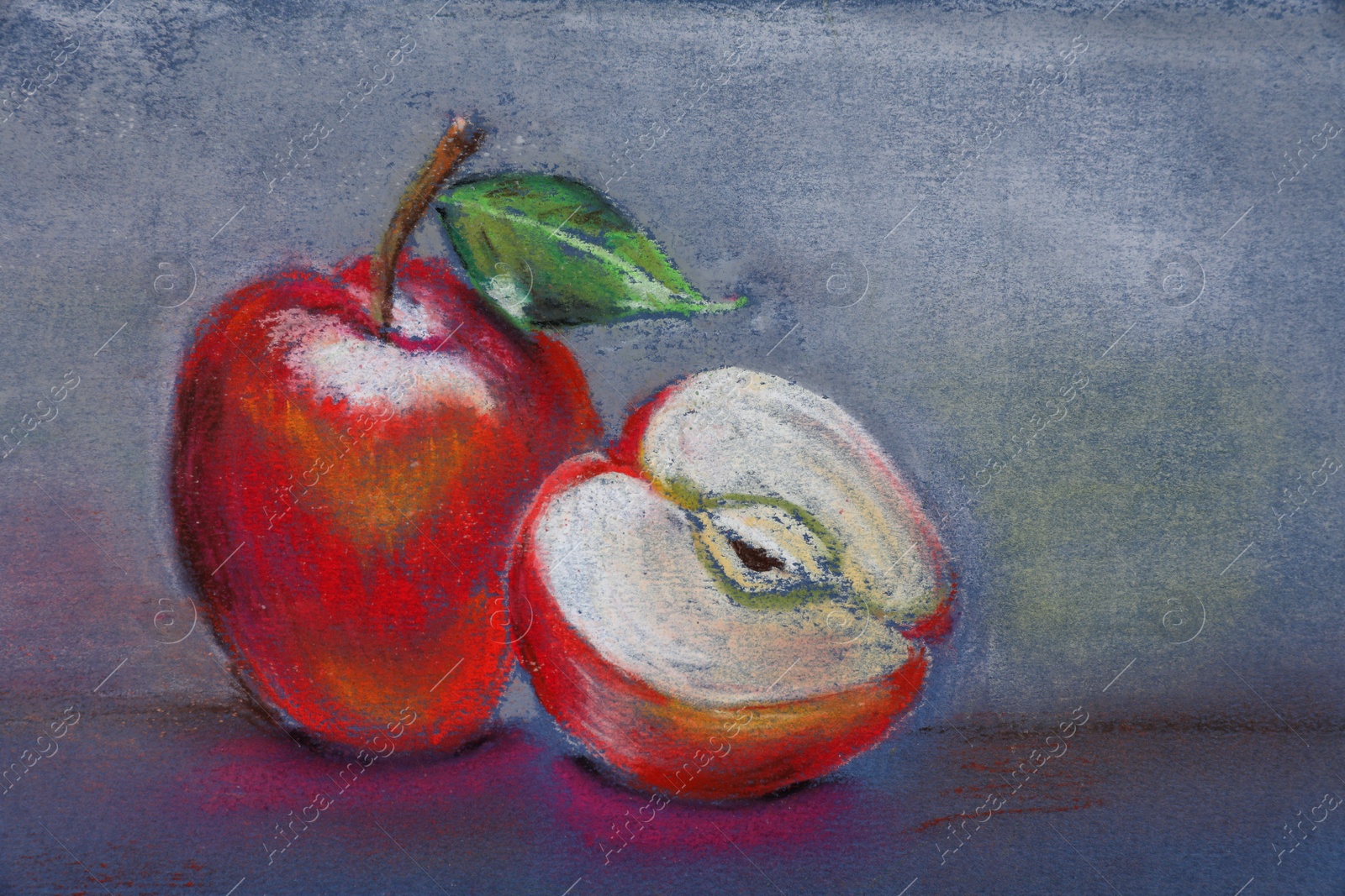 Photo of Pastel drawing of whole and cut red apples on color background