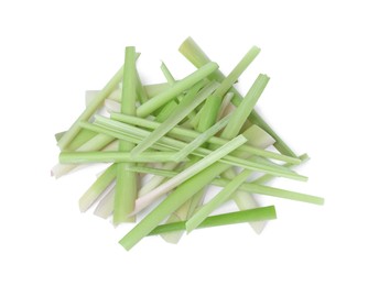 Fresh aromatic lemongrass stalks on white background, top view