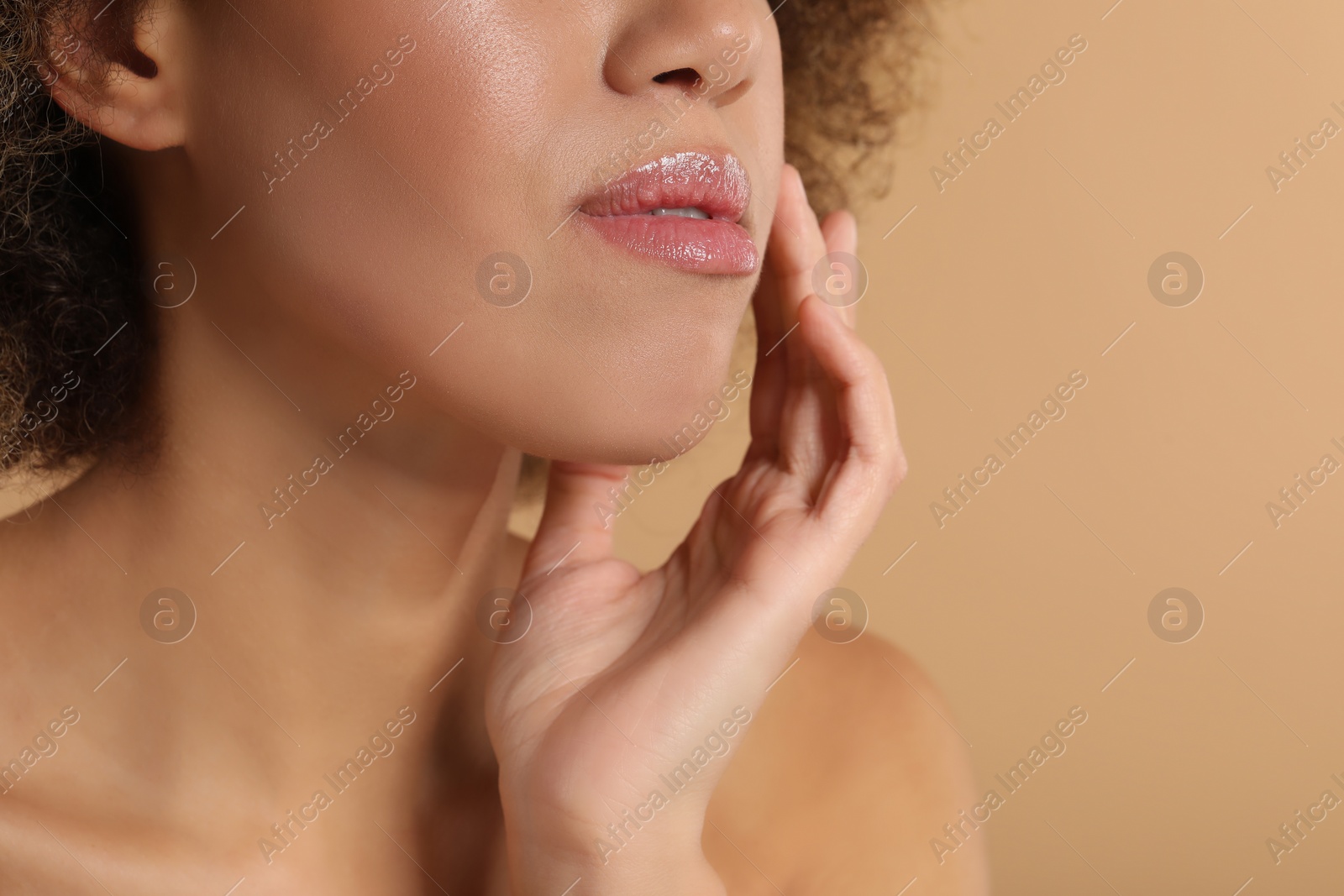 Photo of Beautiful woman with healthy skin on beige background, closeup. Space for text