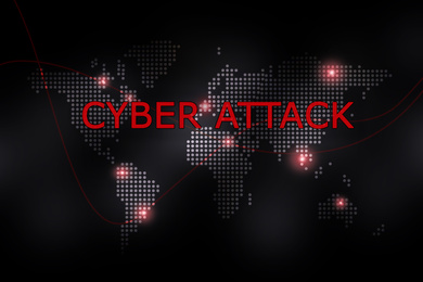 Illustration of Phrase Cyber attack and digital world map with lights on background